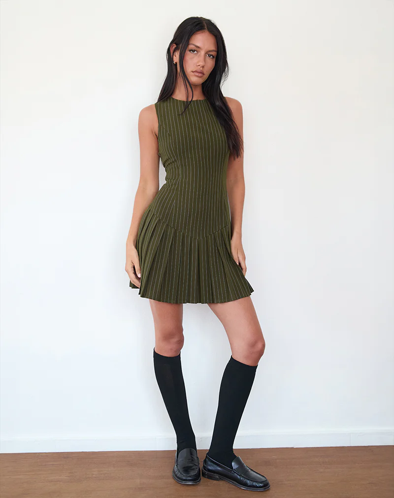 Semasa Mini Dress in Khaki Pinstripe - Image 3