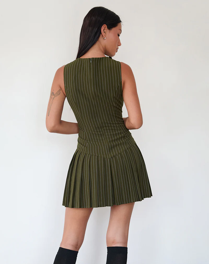 Semasa Mini Dress in Khaki Pinstripe - Image 4