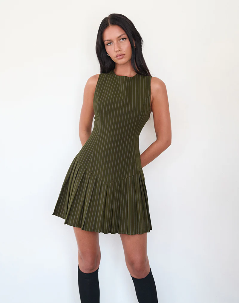 Semasa Mini Dress in Khaki Pinstripe - Image 5