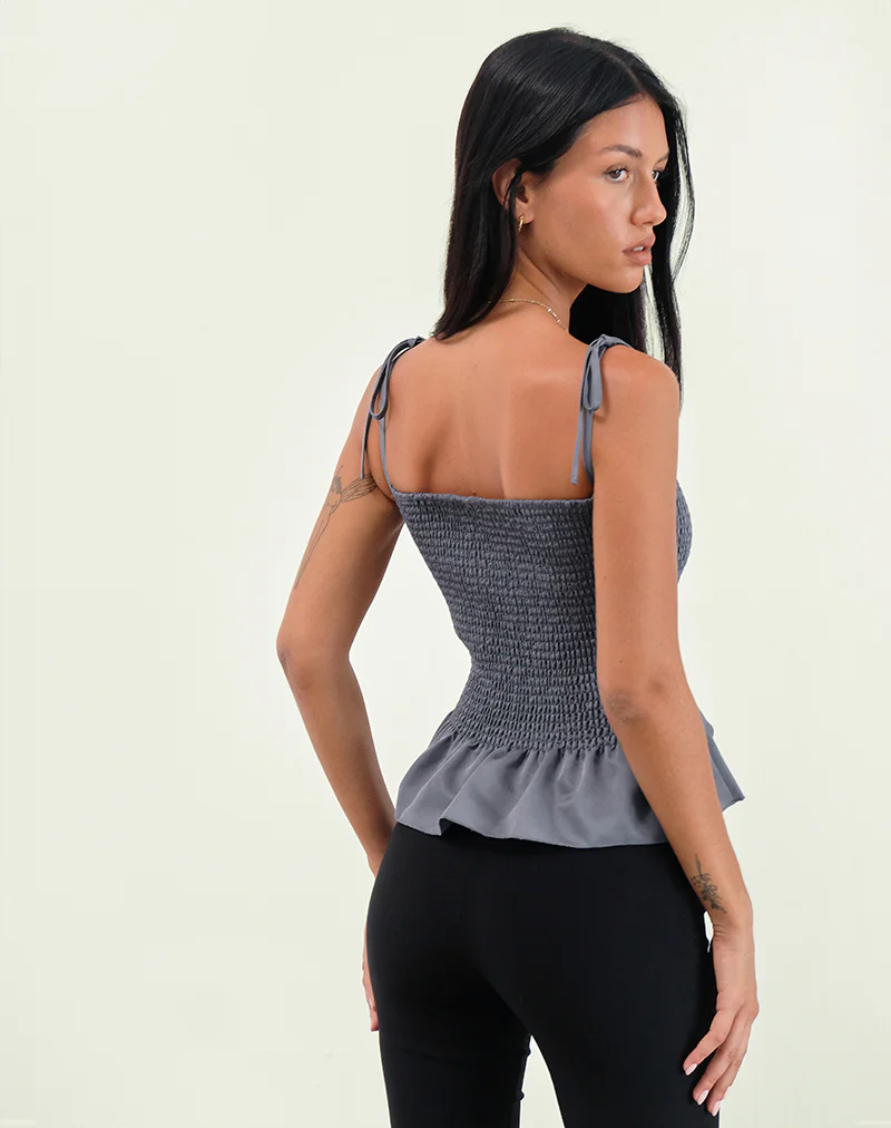 Seora Tie Shoulder Shirred Top in Grey - Image 3