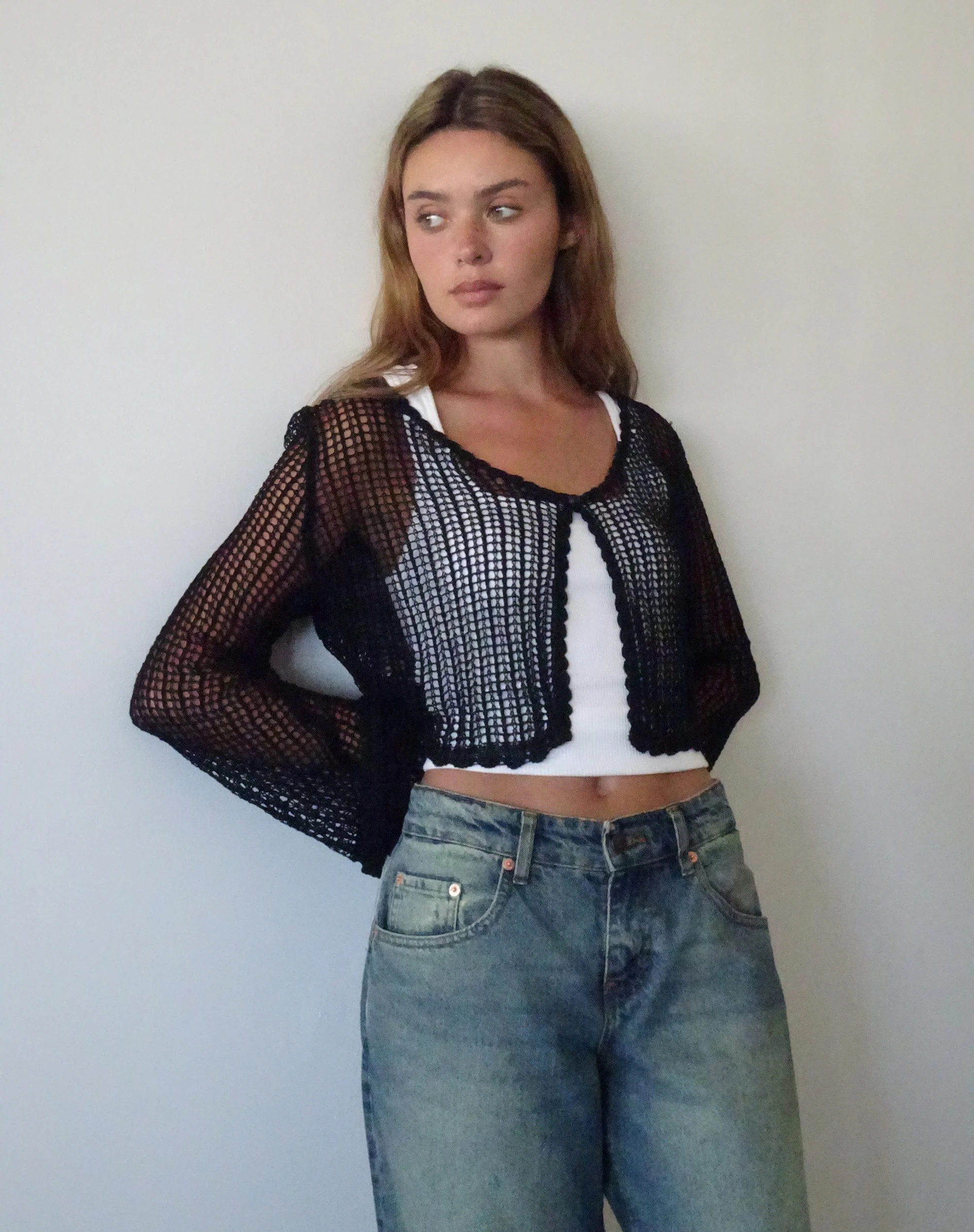 Septa Cropped Knit Cardigan in Black - Image 5