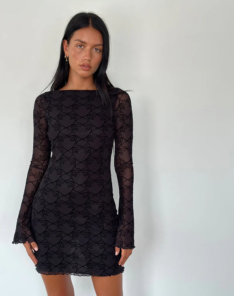 Sevila Long Sleeve Mini Dress in Black Queen of Heart Flock - Image 2