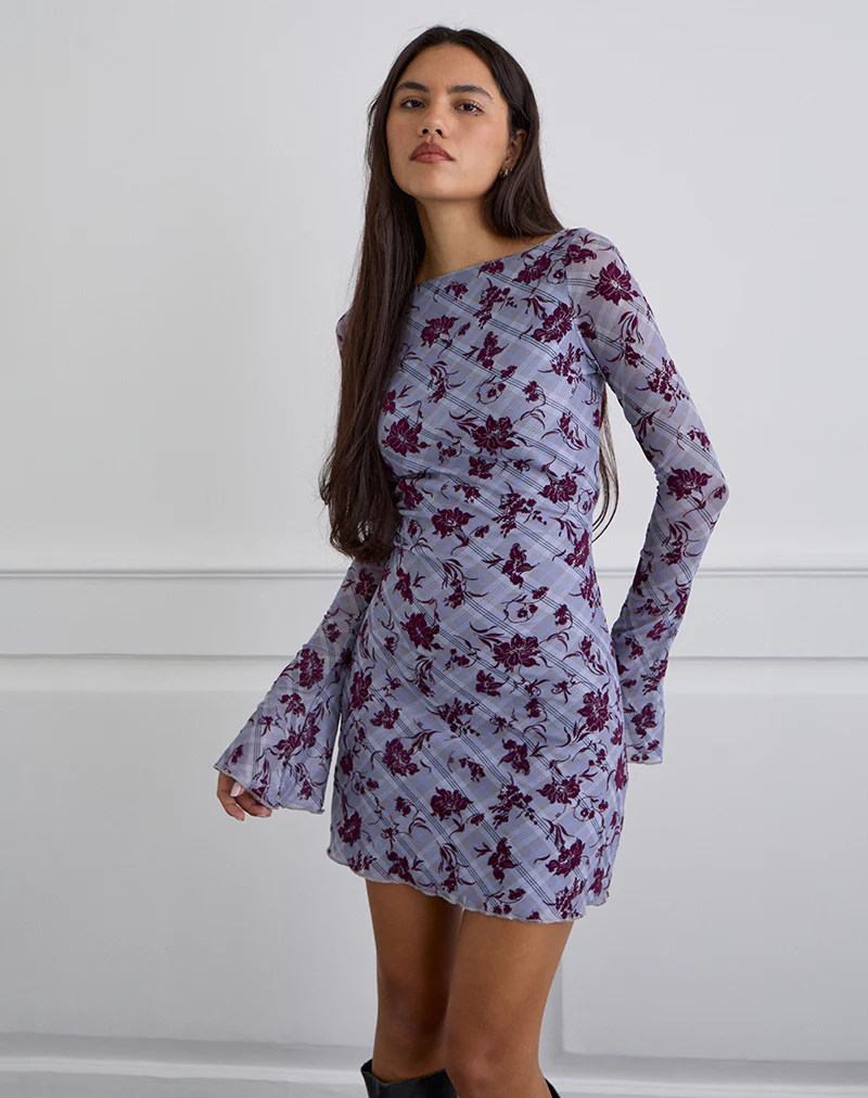 Sevila Long Sleeve Mini Dress in Lotus Flock Checked Lavender - Image 2