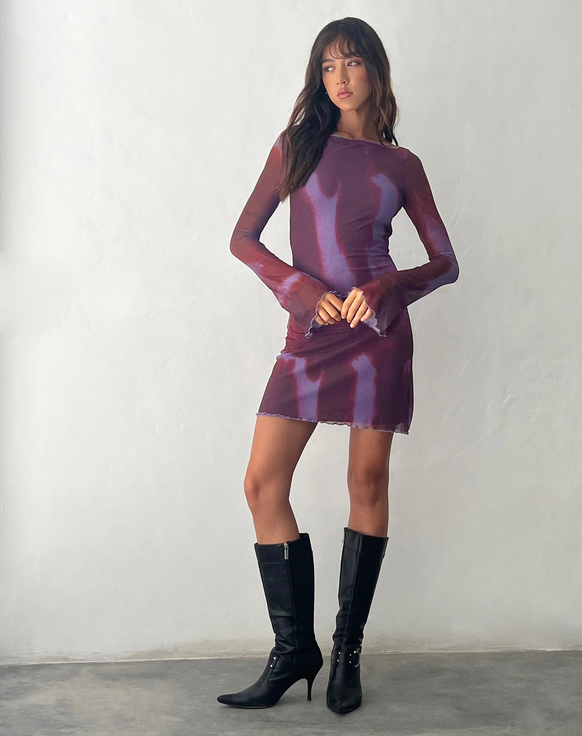 Sevila Long Sleeve Mini Dress in Mesh Watercolor Wine - Image 4