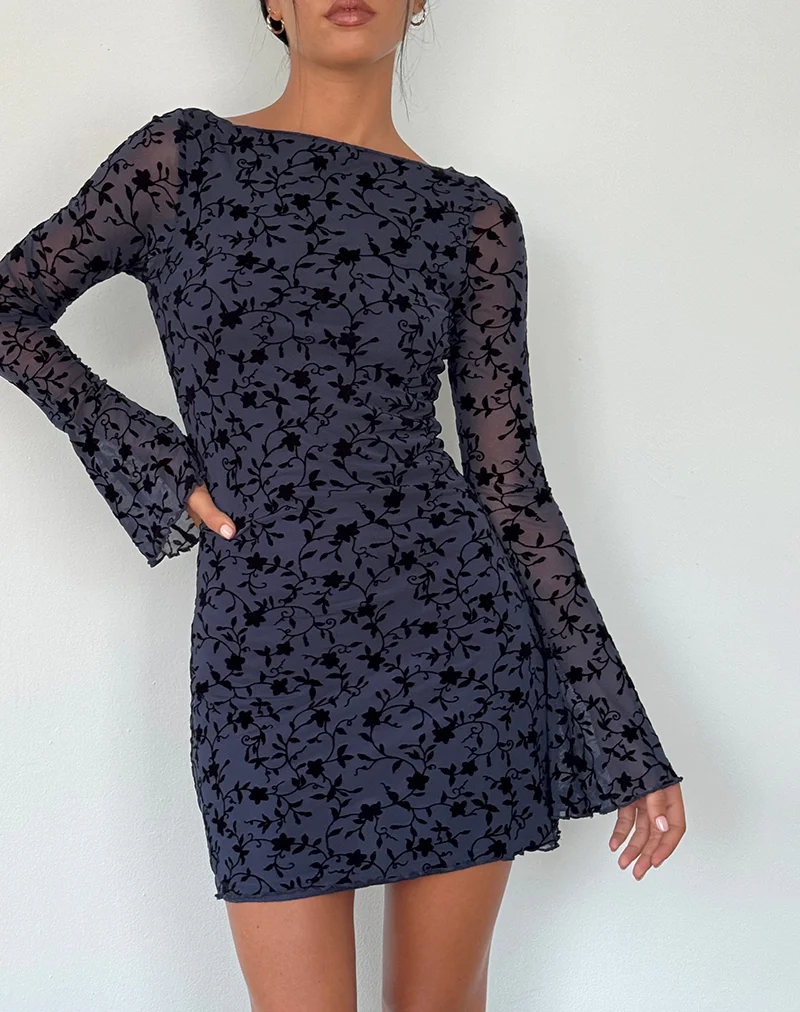 Sevila Long Sleeve Mini Dress in Flocked Petal Navy - Image 2
