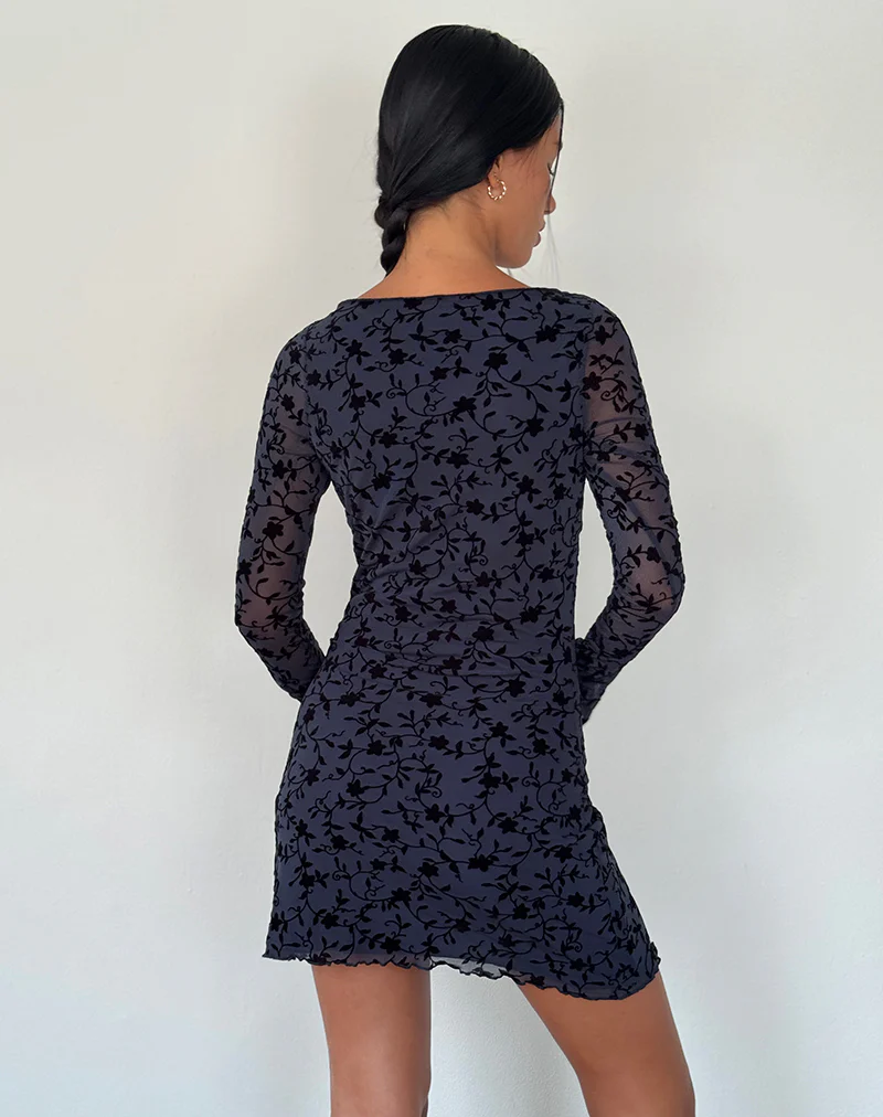 Sevila Long Sleeve Mini Dress in Flocked Petal Navy - Image 4