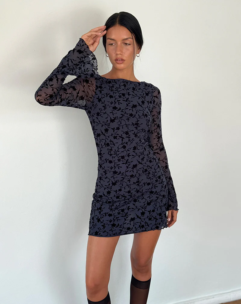 Sevila Long Sleeve Mini Dress in Flocked Petal Navy - Image 5