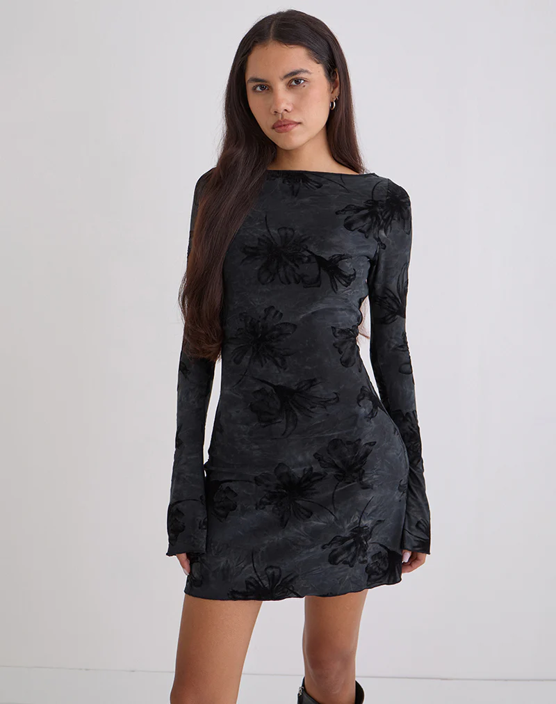 Sevila Long Sleeve Mini Dress in Burnout Velvet Grey - Image 3