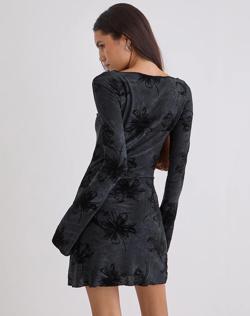 Sevila Long Sleeve Mini Dress in Burnout Velvet Grey - Image 4