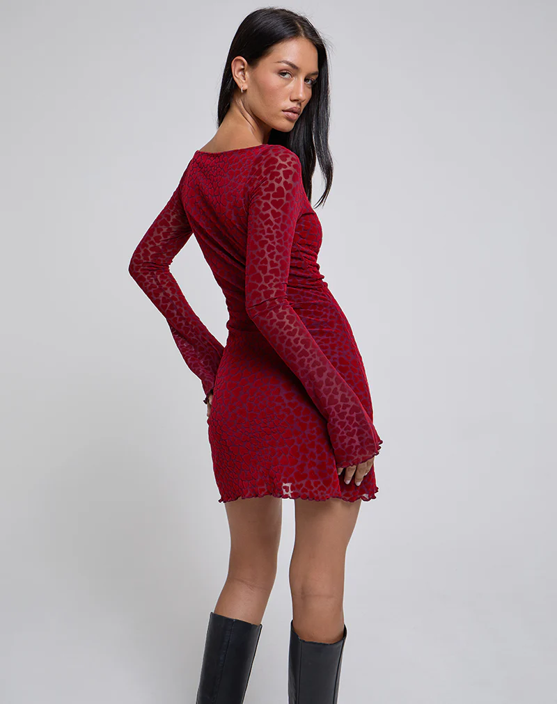 Sevila Long Sleeve Mini Dress in Heart Flock Maroon - Image 3
