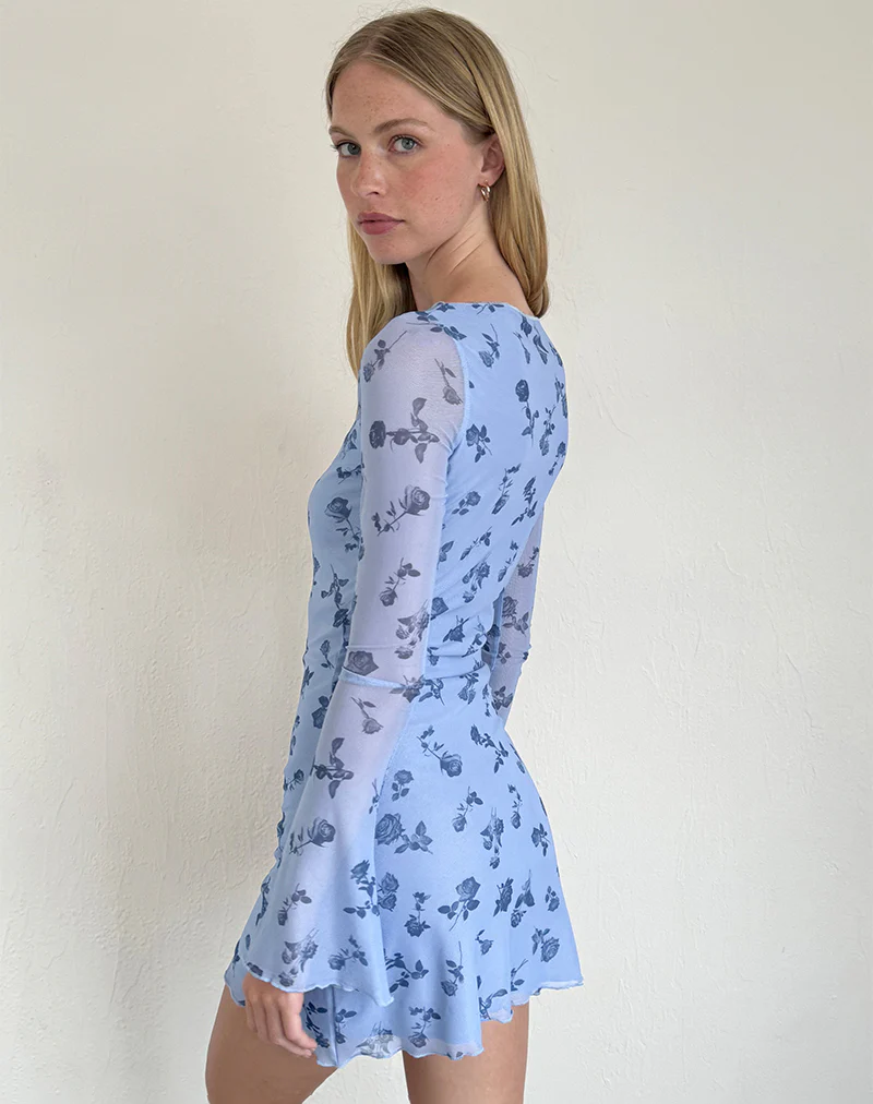 Sevila Long Sleeve Mini Dress in Inky Blue Floral Mesh - Image 4