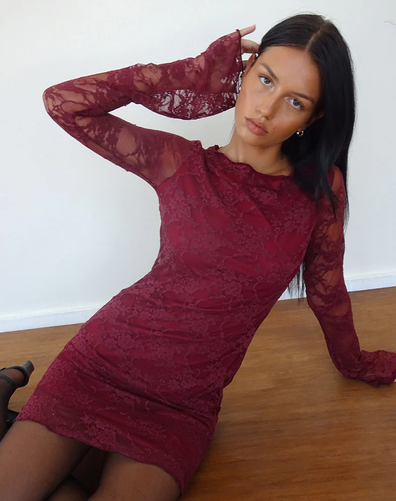 Sevila Long Sleeve Mini Dress Lace Burgundy - Image 2