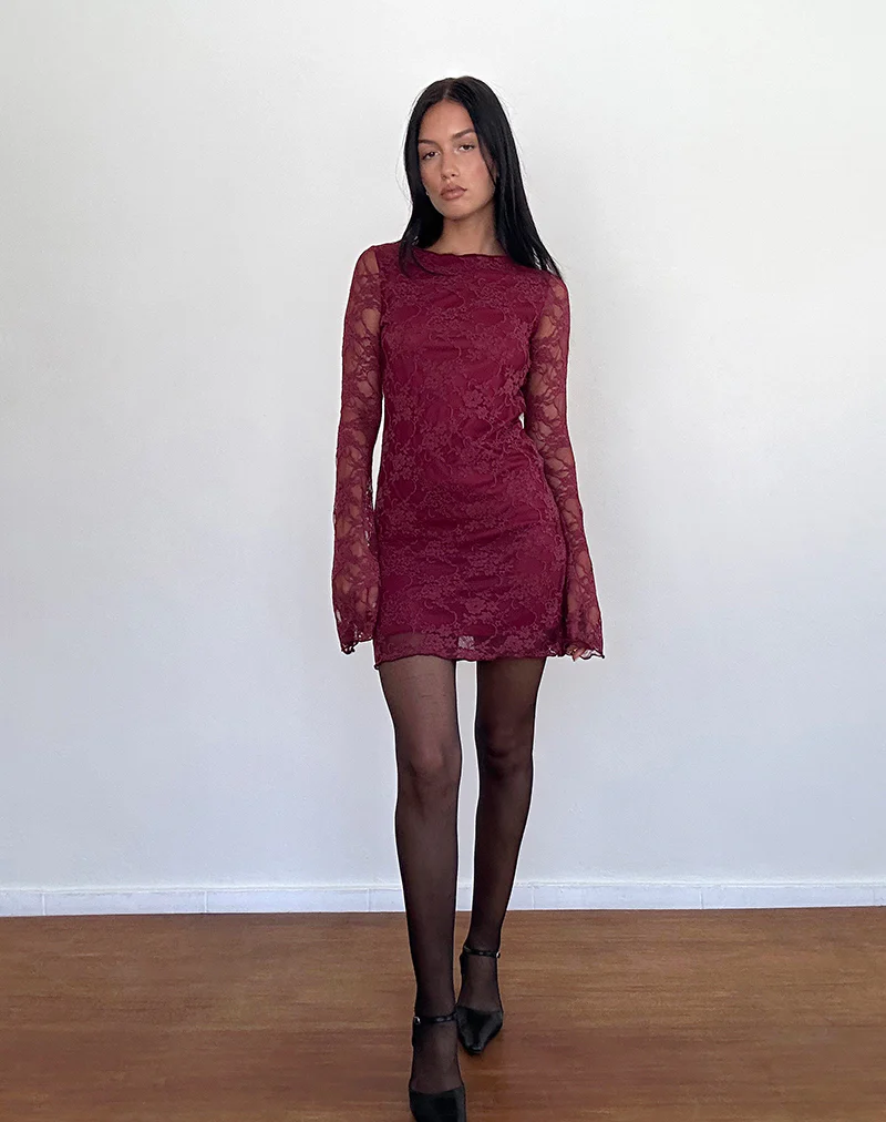Sevila Long Sleeve Mini Dress Lace Burgundy - Image 3