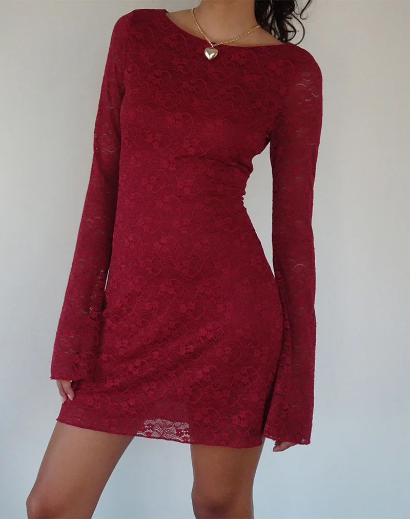 Sevila Long Sleeve Mini Dress in Deep Red Lace - Image 3