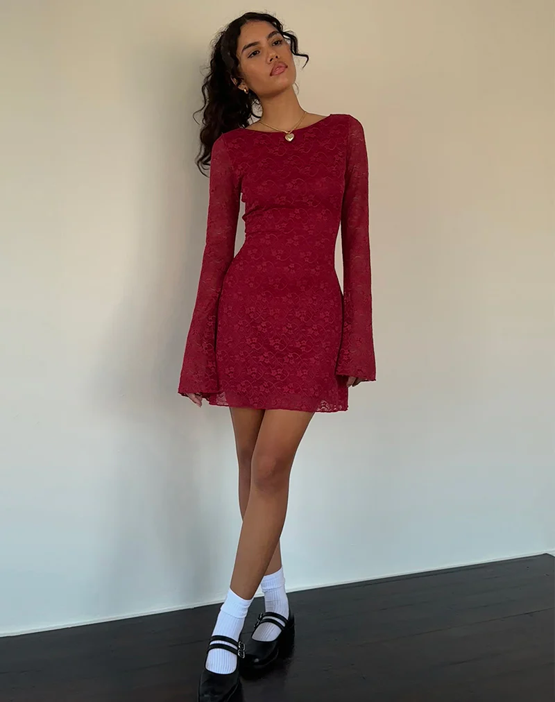 Sevila Long Sleeve Mini Dress in Deep Red Lace - Image 4
