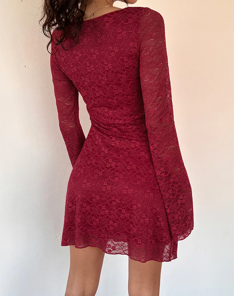 Sevila Long Sleeve Mini Dress in Deep Red Lace - Image 5