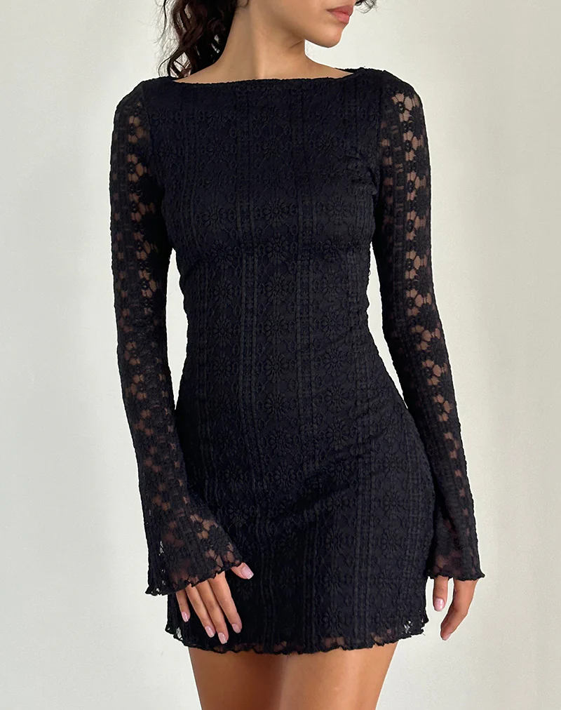 Sevila Long Sleeve Mini Dress in Regal Lace Black - Image 2