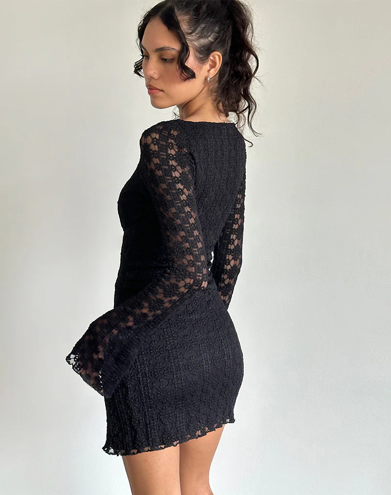 Sevila Long Sleeve Mini Dress in Regal Lace Black - Image 4