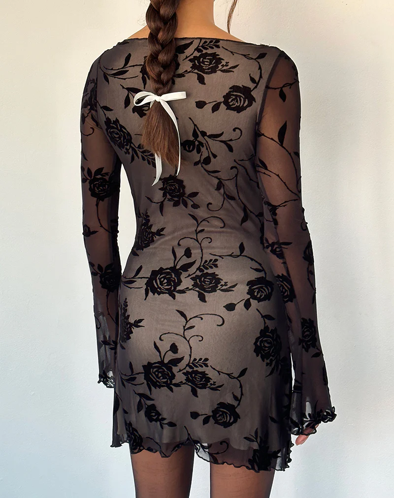 Sevila Long Sleeve Mini Dress in Black Rose Flock - Image 4