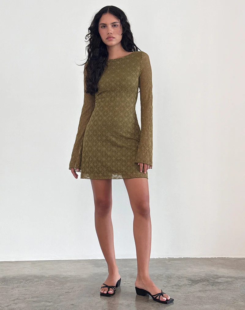 Sevila Long Sleeve Mini Dress in Textured Moss Green - Image 3