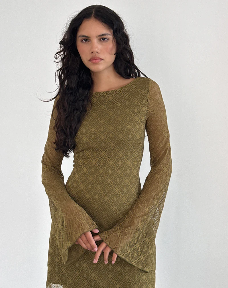 Sevila Long Sleeve Mini Dress in Textured Moss Green - Image 4
