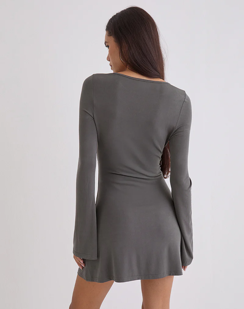 Sevila Long Sleeve Mini Dress in Cupro Diamante Flower Dark Grey - Image 4