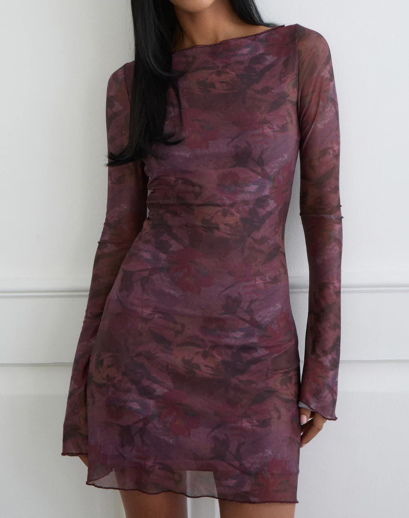 Sevila Long Sleeve Mini Dress in Mesh Blurry Floral Burgundy - Image 3