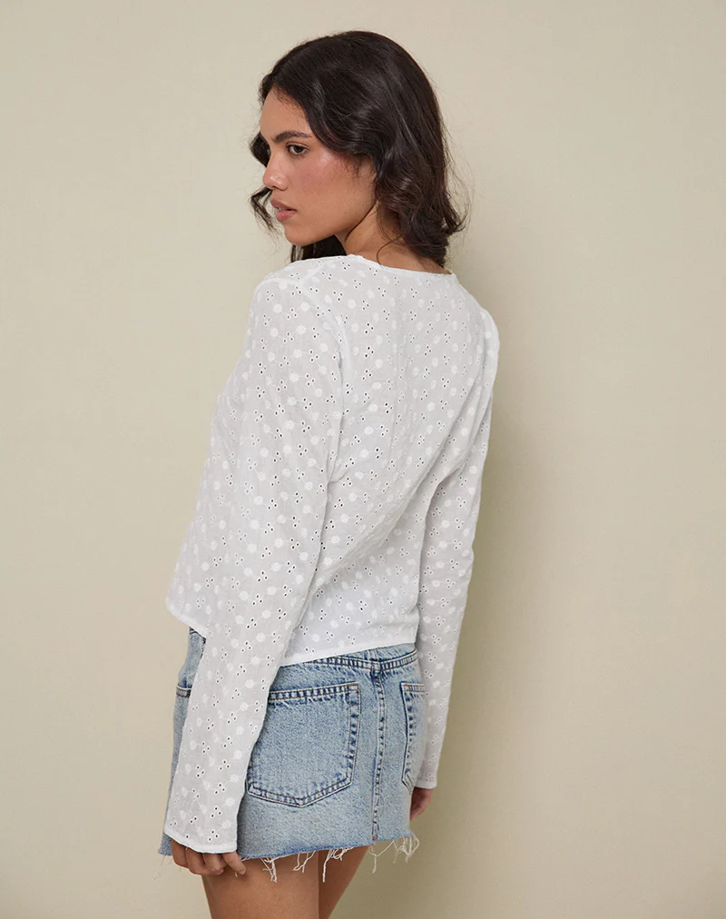 Sewindu Tie Front Long Sleeve Top in Broderie Ivory - Image 3