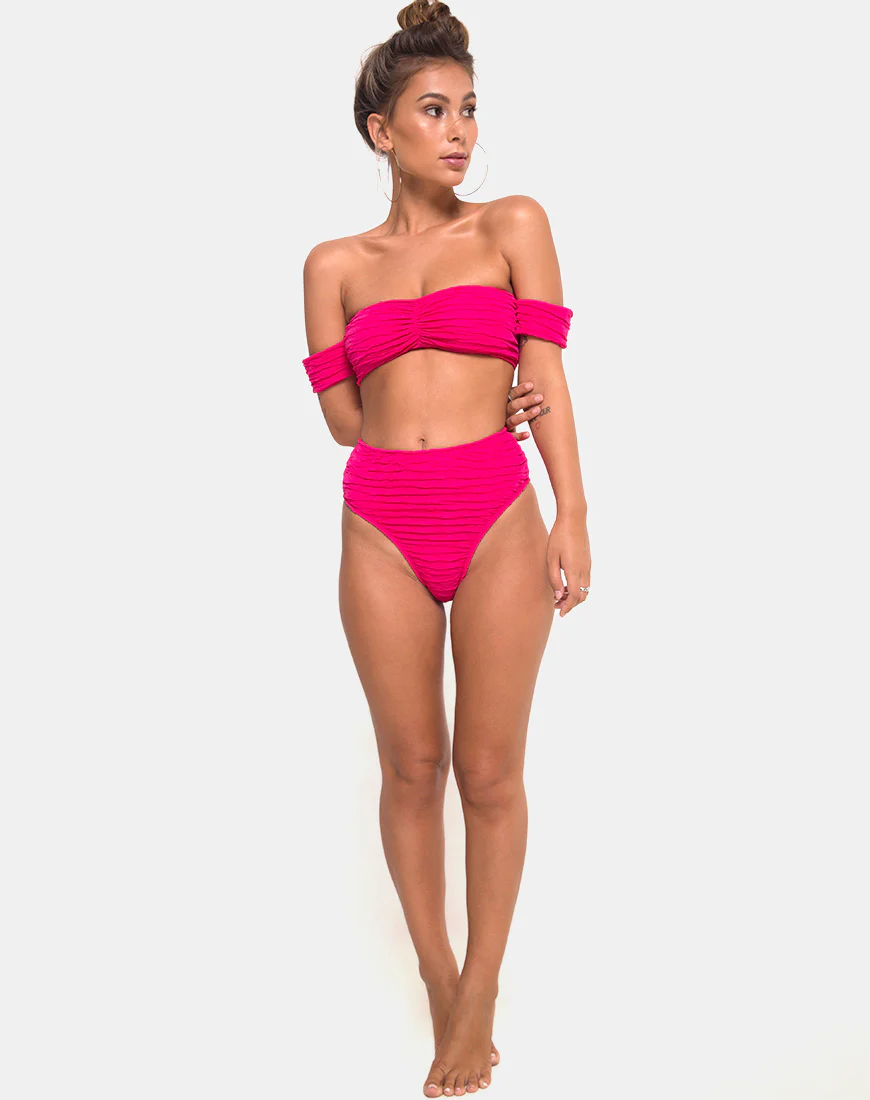 Shaca Bikini Top in 80's Crinkle Pink Highlighter - Image 3