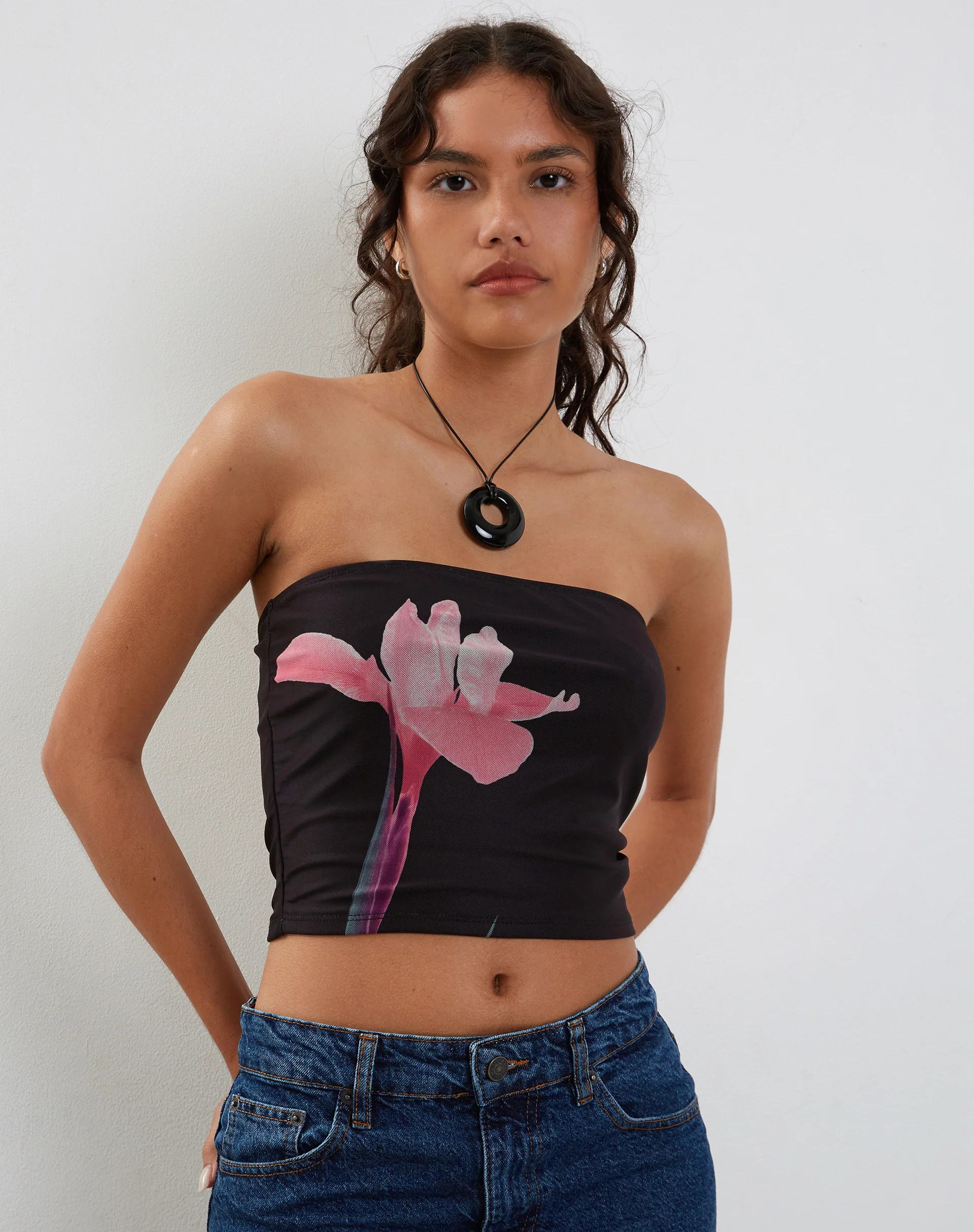Shae Bandeau Top in Black with Pink Flower Placement - Image 3