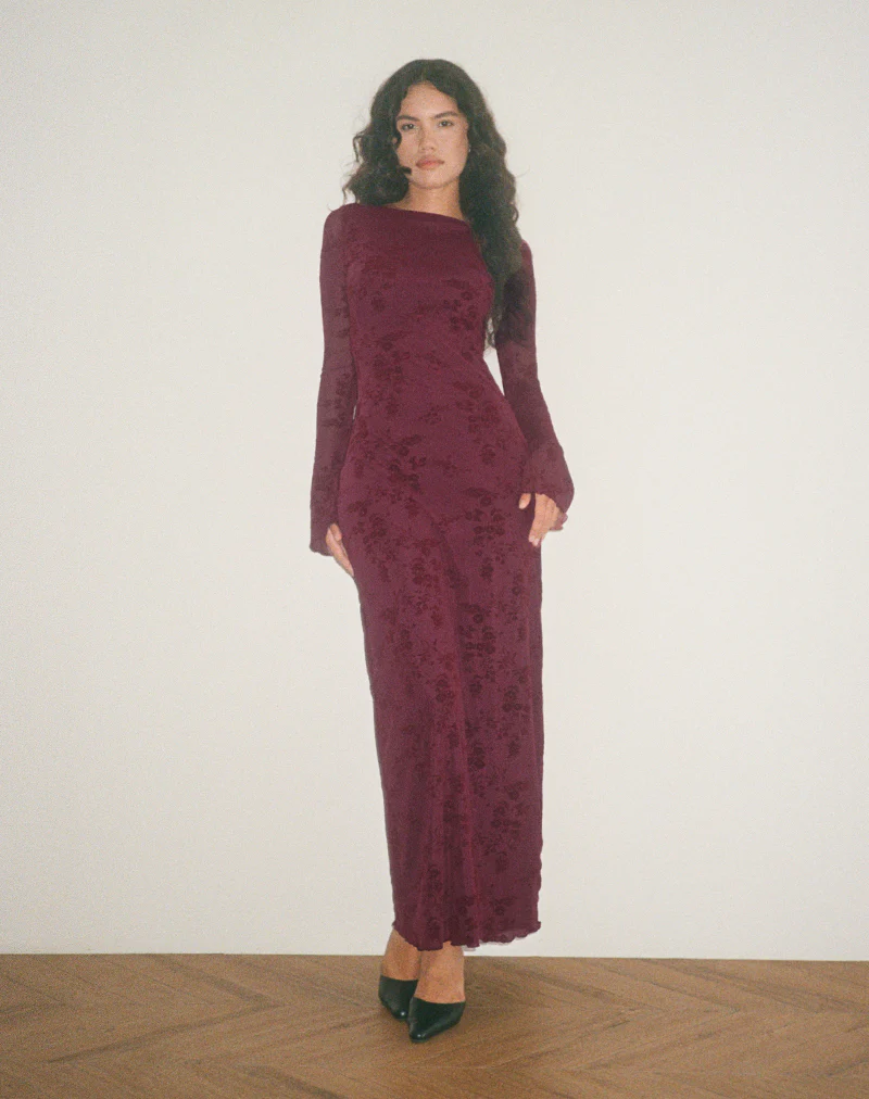 Shaleed Maxi Dress in Botanical Flower Maroon - Image 5