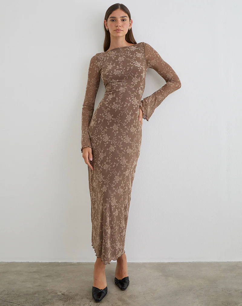 Shaleed Maxi Dress in Leafy Flock Dark Taupe - Image 4