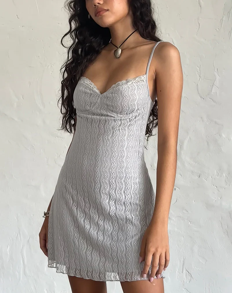 Shania Mini Dress in Silver Grey Lace Mesh - Image 3