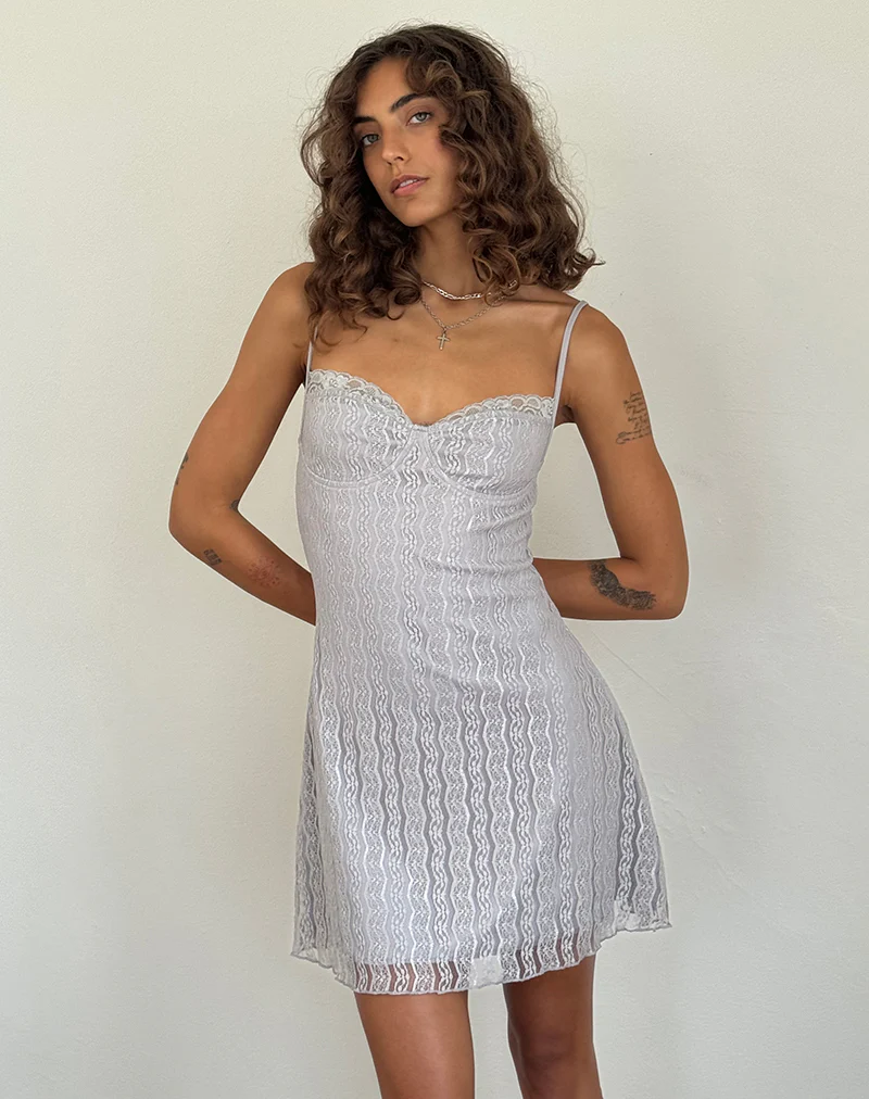 Shania Mini Dress in Silver Grey Lace Mesh - Image 5