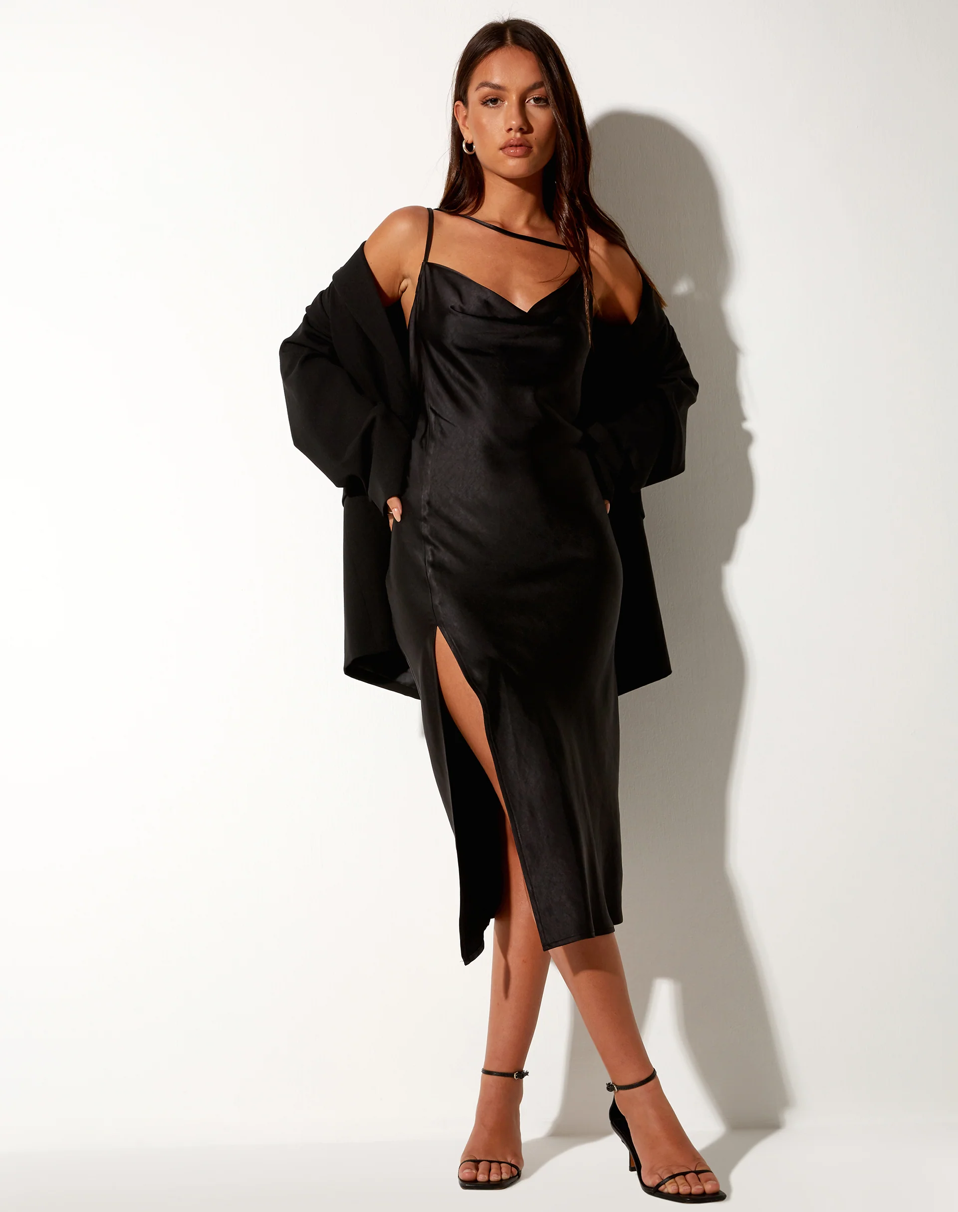 Shantique Midi Dress in Satin Black - Image 2