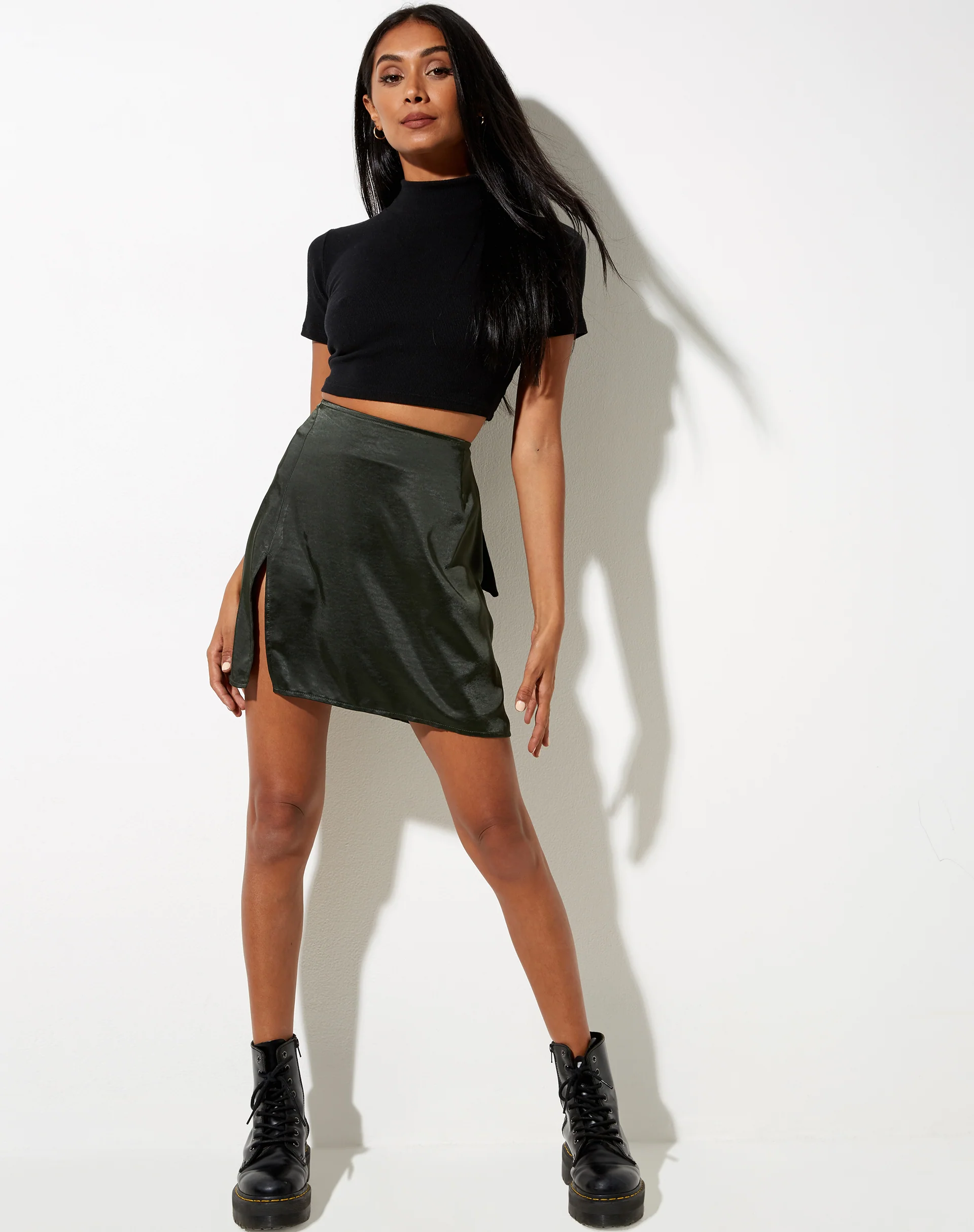 Shenka Mini Skirt in Satin Dark Khaki - Image 4