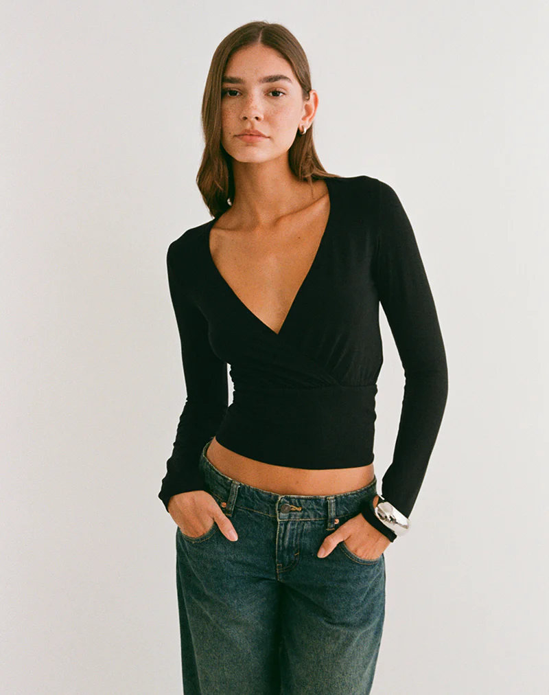 Sheon Long Sleeve Top in Rib Black