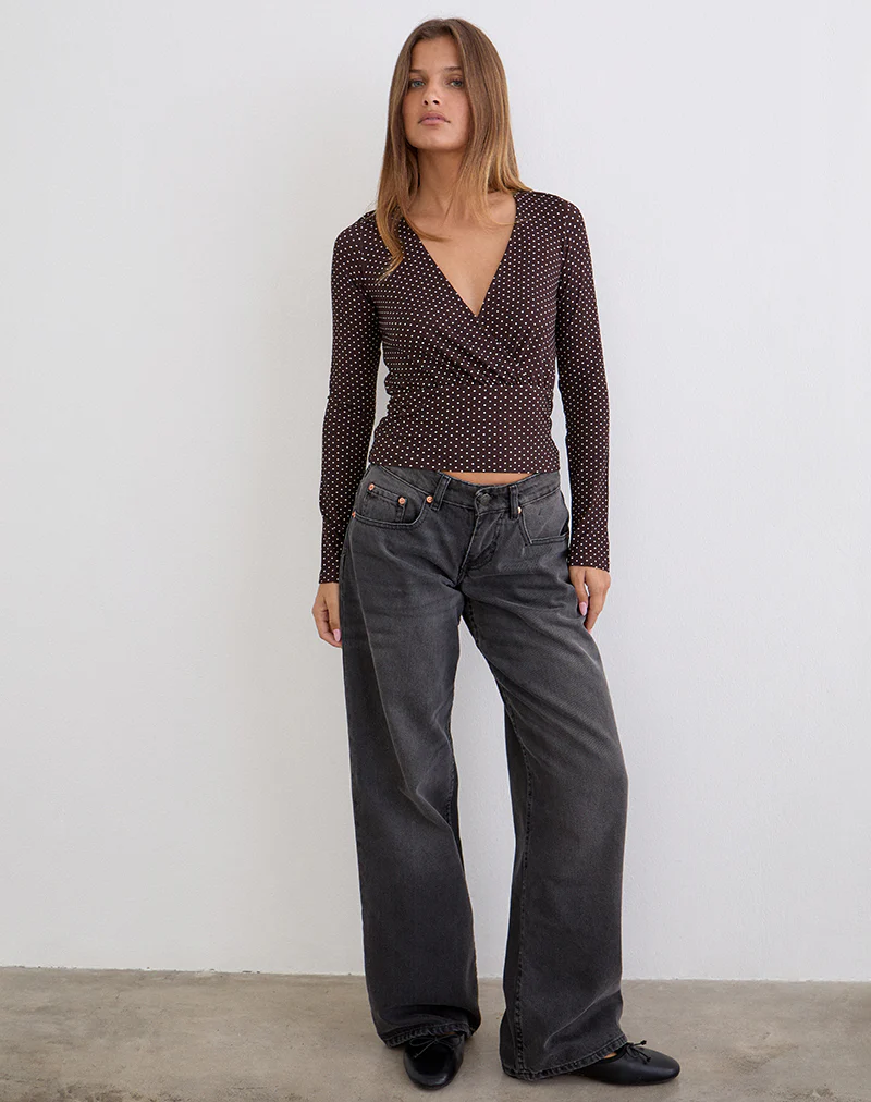 Sheon Long Sleeve Top in Rayon Jersey Brown with Micro Polka Print - Image 3
