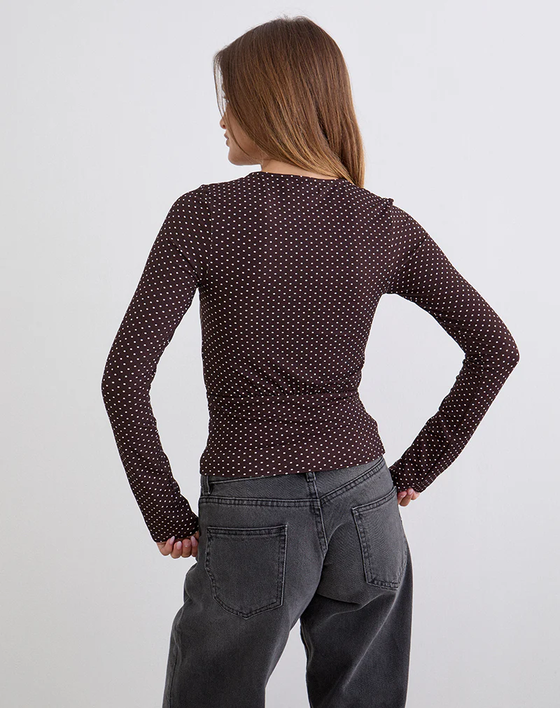 Sheon Long Sleeve Top in Rayon Jersey Brown with Micro Polka Print - Image 4