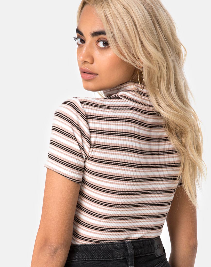 Shidi Cutout Bodice in Rib Stripe Cream Black and Tan - Image 2
