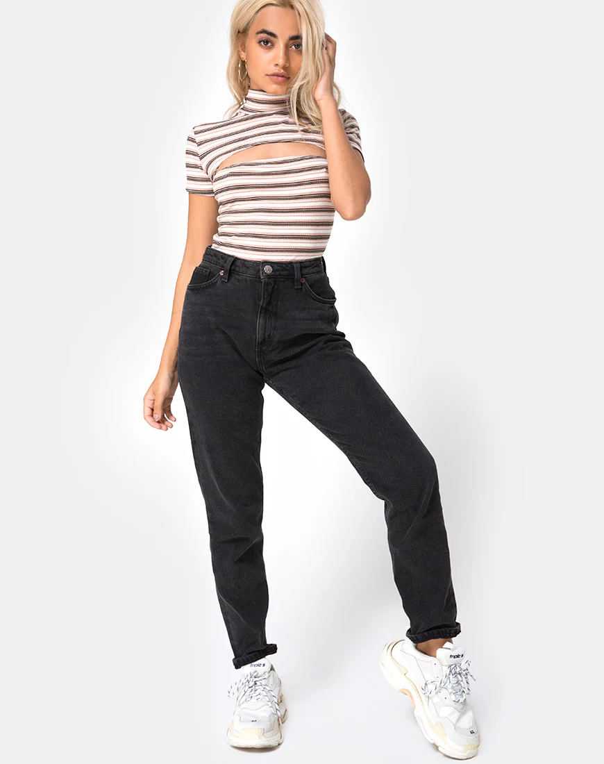 Shidi Cutout Bodice in Rib Stripe Cream Black and Tan - Image 3