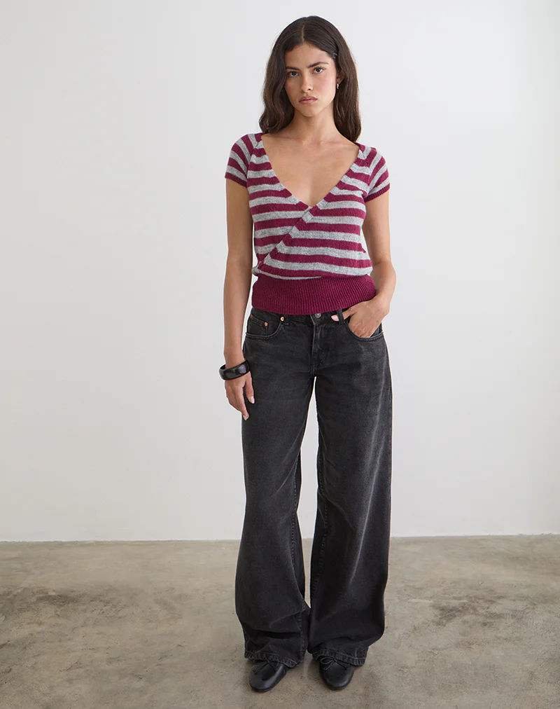 Shilpa Top in Maxi Stripe Wine and Grey - Image 3