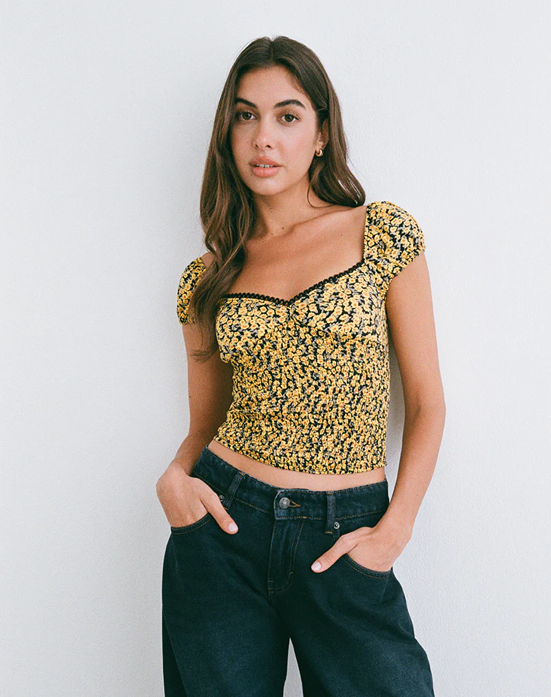 Shizu Cap Sleeve Top in Mini Bloom Yellow