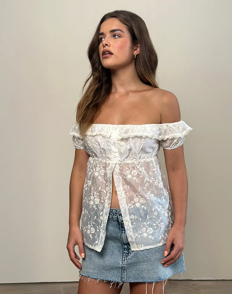 Shogo Bardot Top in Fresia Broderie Ivory - Image 3