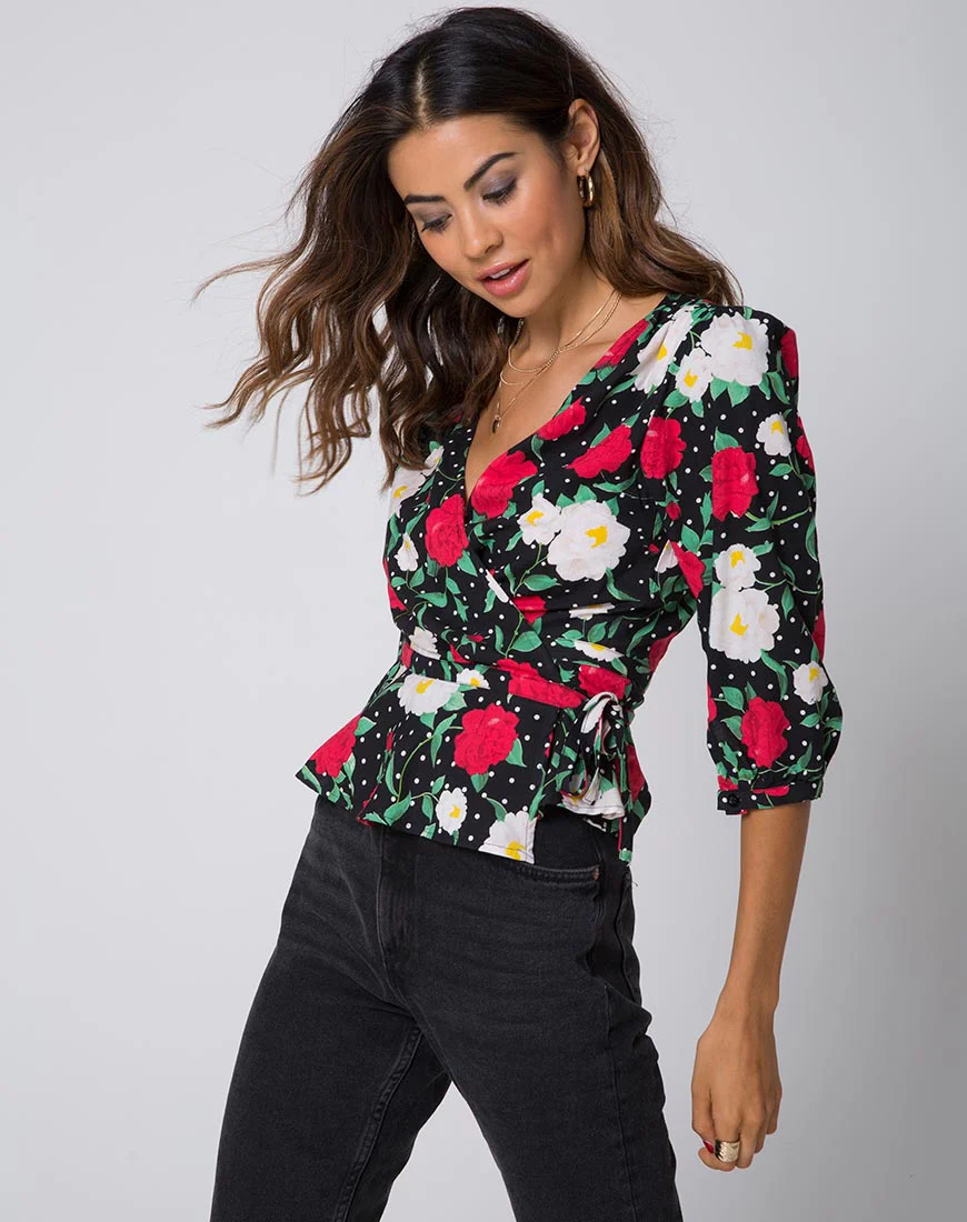 Shon Wrap Top in Polka Rose Black - Image 3