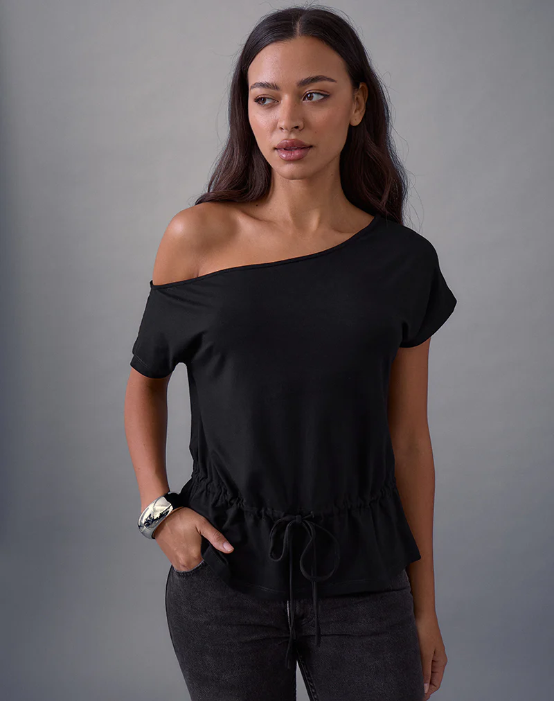 Sika One Shoulder Top in Black with Tie Belt - Image 2