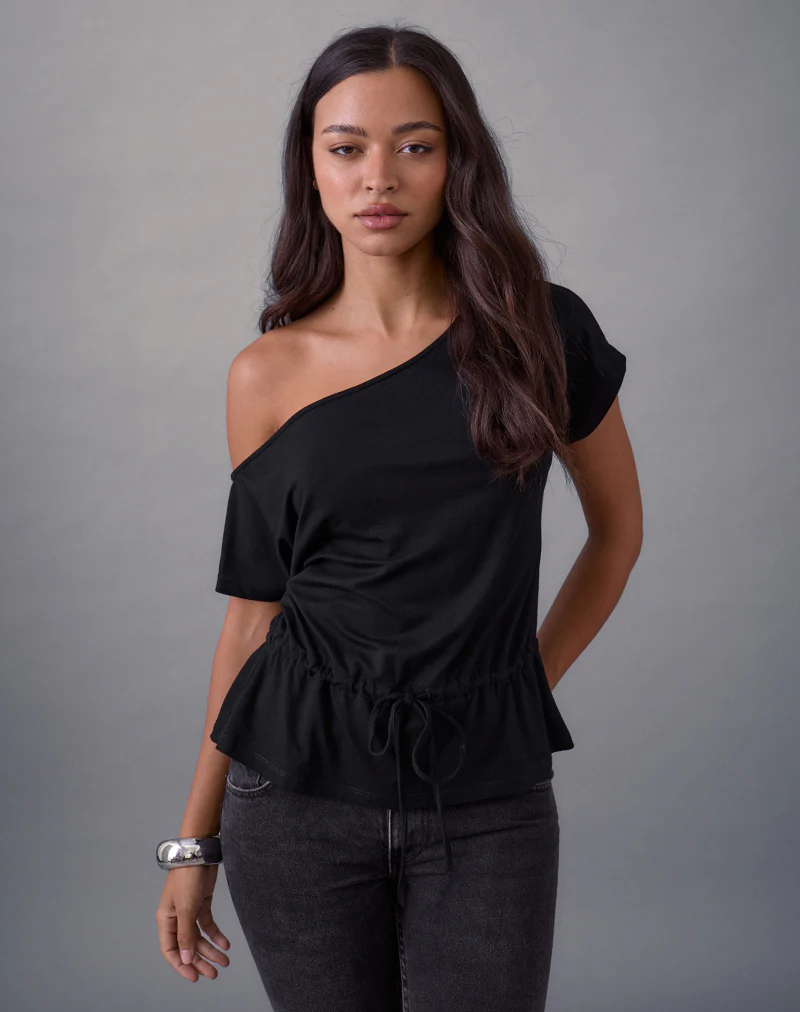 Sika One Shoulder Top in Black with Tie Belt - Image 4