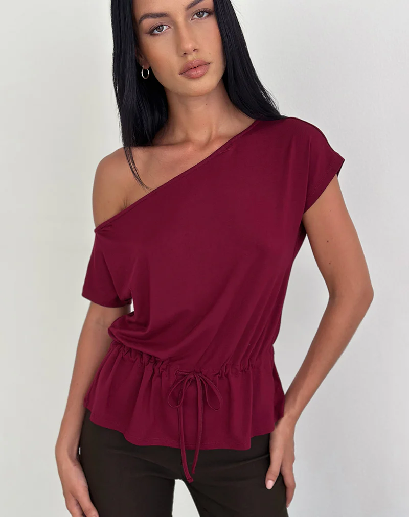 Sika One Shoulder Top in Burgundy with Tie Belt - Image 2
