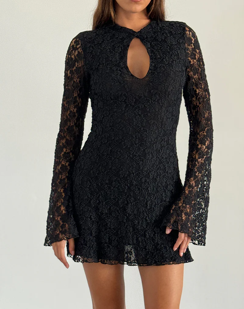 Silvanna Keyhole Mini Dress in Lace Black - Image 4