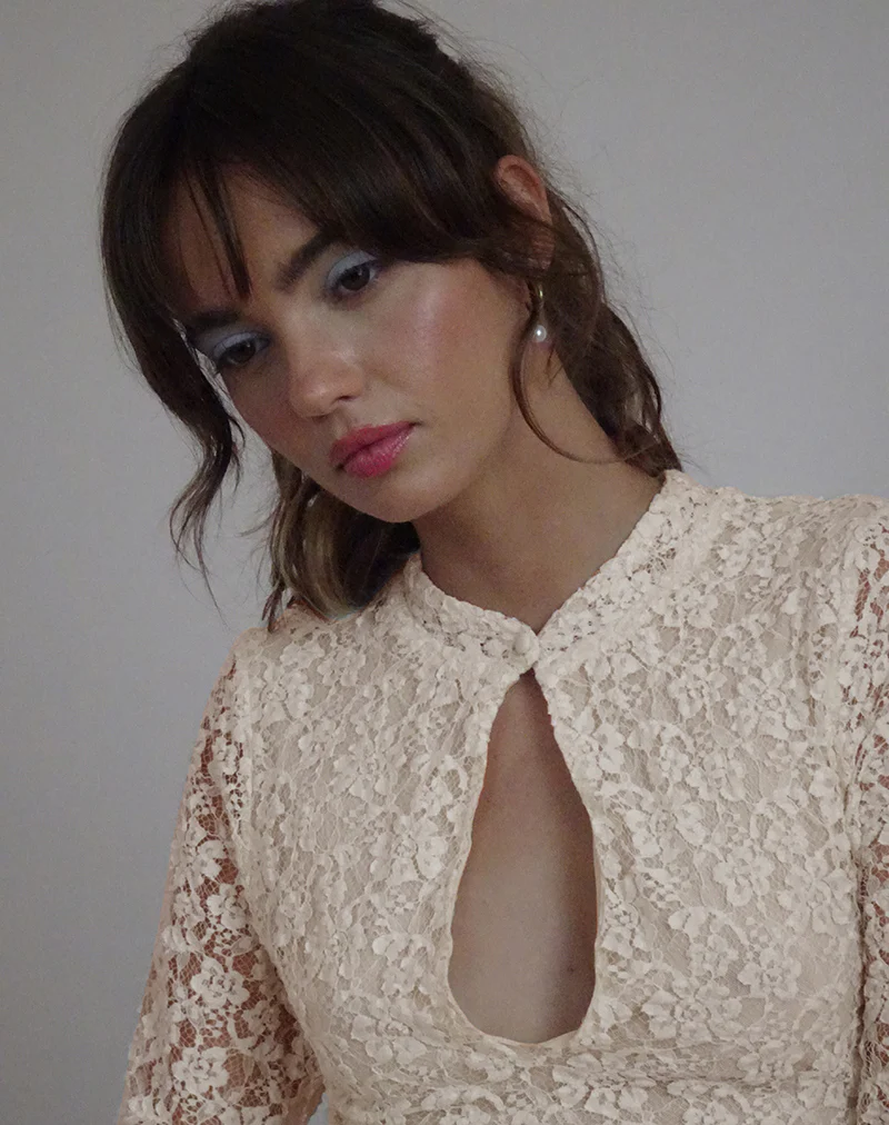 Silvanna Long Sleeve Keyhole Mini Dress in Lace Ivory - Image 4